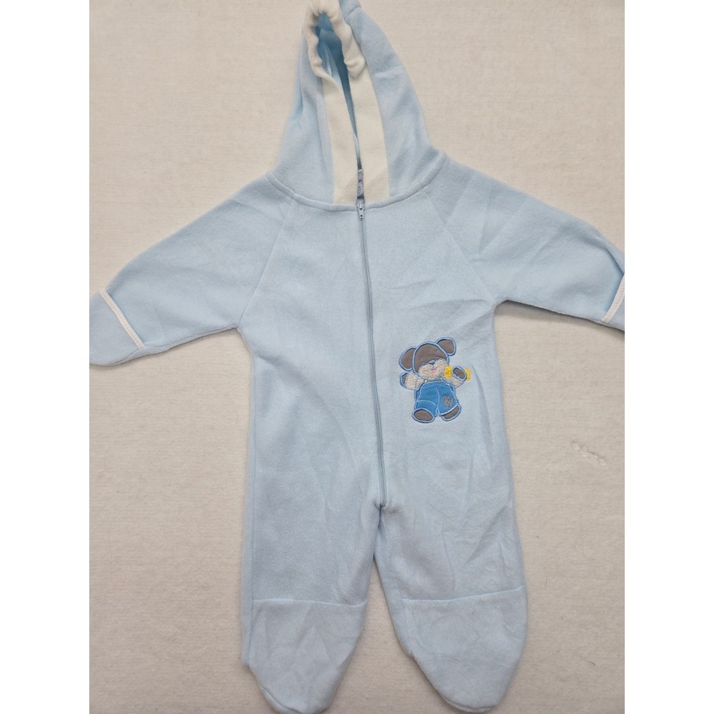 Mon Petit Baby Blue Hooded Footed Pajamas Size 6/9M Bear Applique Romper